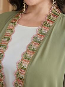 Veilorie Grande taille Femmes Élégant Patchwork Ruban Devant Ouvert Abaya Arabe, Automne - Vert - Voir 7