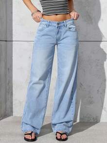 SHEIN PETITE 女士时尚休闲宽松阔腿牛仔裤 - 藍色 - 查看 3