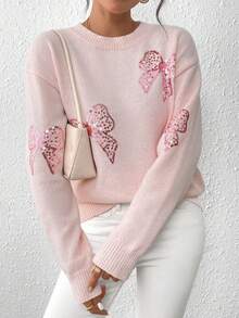 EMERY ROSE Crew Neck Pullover Autumn/Winter Top, Pink Butterfly Beaded Embroidery Sweater - Pink - View 4