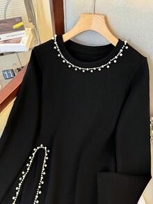 INAWLY Plus Size Women's Solid Color Long Sleeve Beaded Sweatshirts - Black - View 5