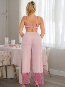 2 piezas Conjunto de lencería inocente y cómoda para niña que incluye: Sujetador con lazo de encaje y rayas verticales de satén + Pantalones de pijama de pierna ancha con parches de encaje