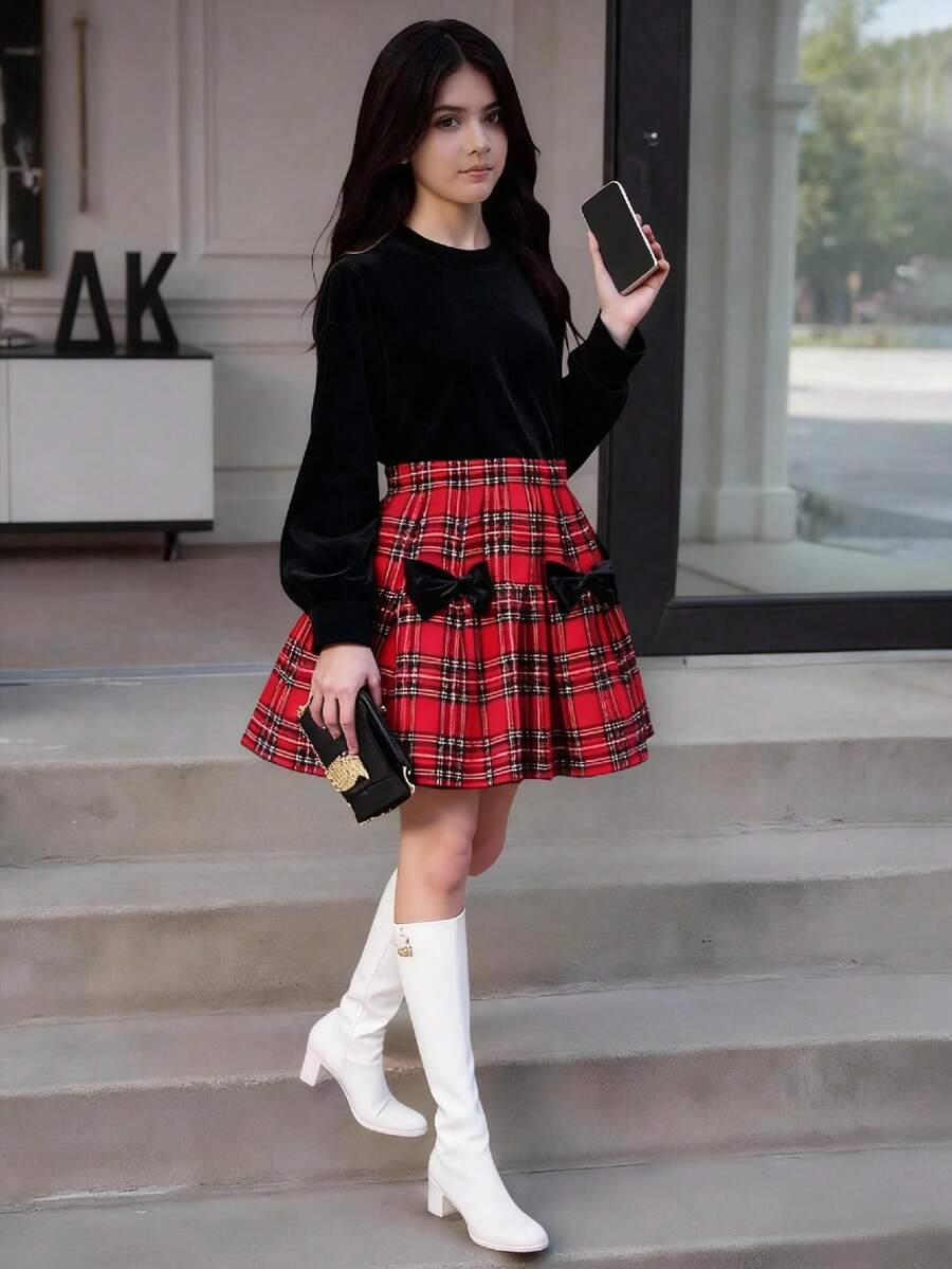 Sparklyn Girls Solid Velvet Long Sleeve Top + Red & Black Plaid Bow Decor Pleated Skirt Retro Sweet 2-Piece Skirt Set - Black - View 1