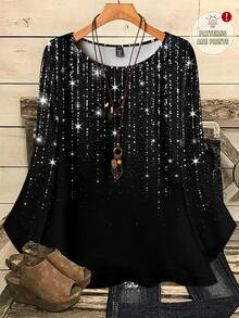 EMERY ROSE Plus Size Women Casual Loose Fit Glitter Star Print Round Neck 3/4 Sleeve Blouse, Suitable For Autumn/Winter, New Year, Valentine's Day - Multicolor - View 1