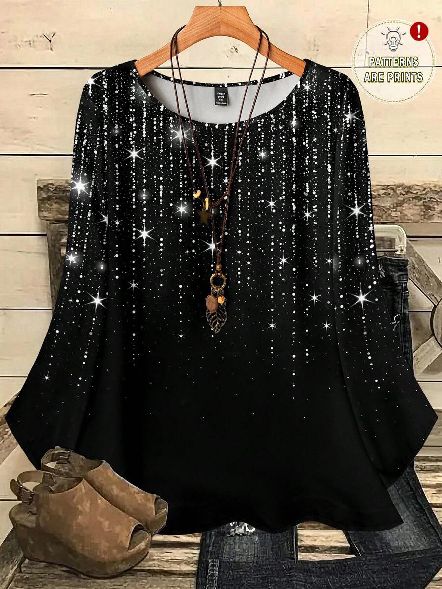 EMERY ROSE Plus Size Women Casual Loose Fit Glitter Star Print Round Neck 3/4 Sleeve Blouse, Suitable For Autumn/Winter, New Year, Valentine's Day - Multicolor - View 1