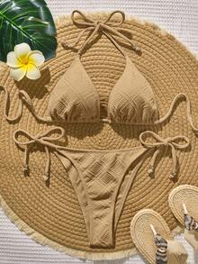 Swim Vcay Women's Solid Color Textured Halter Bikini Set, Suitable For Summer Vacation - Brown - View 1
