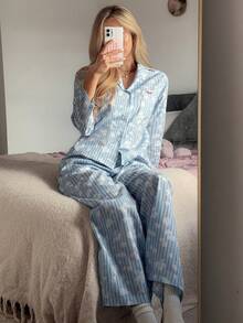 DAZY Contrast Color Letter Embroidery Striped Loose Women Pajama Set, Winter Clothes