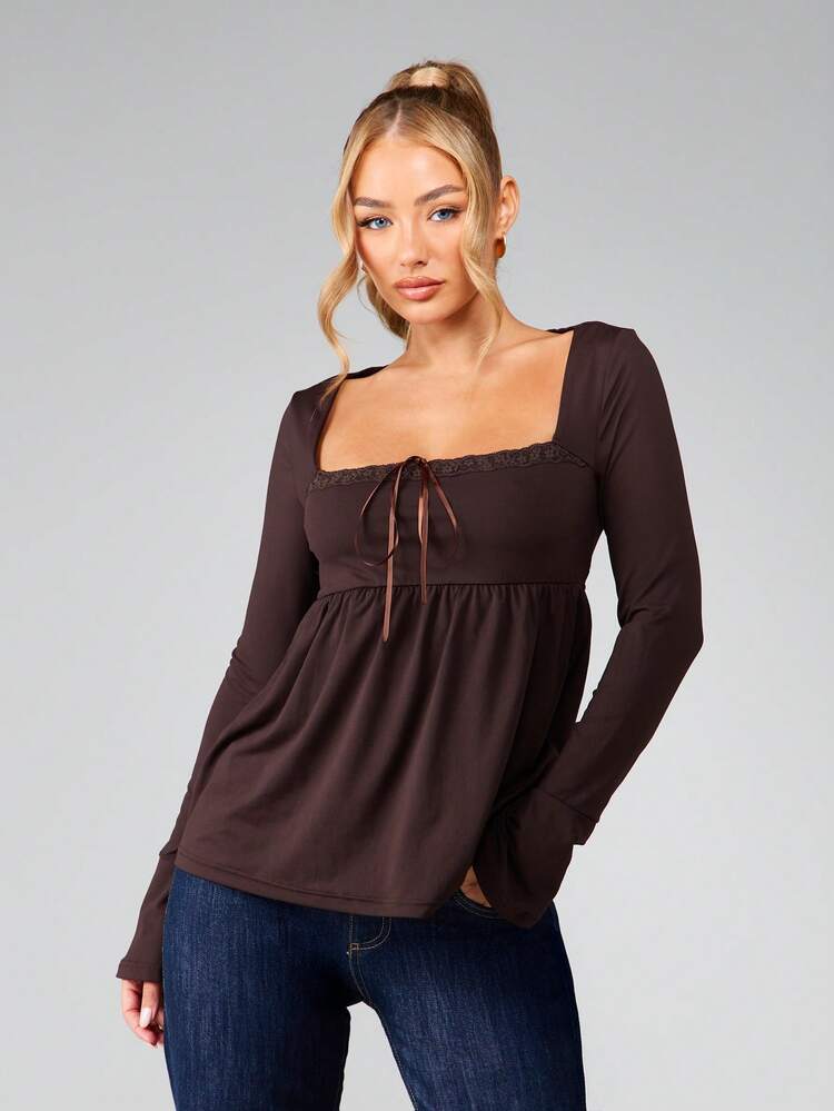 MISSGUIDED Lace Trim Long Sleeve Square Neck Babydoll Top With Tie Front Detail And Gathered Empire Waist For Autumn Winter