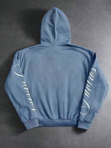 PAVTROS 男士休闲时尚街头字母印花拉链保暖连帽卫衣，秋冬款 - 藍色 - 查看 6