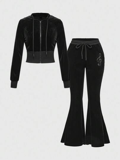 Grunge Punk Women's Velvet Sexy Vintage Zip-Up Drawstring Hooded Top And Flare Pants Set
