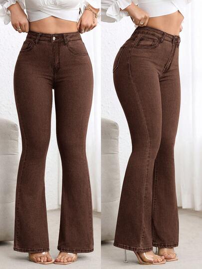 Flexra Women's High Waist Pockets Casual Versatile Flare Leg Jeans