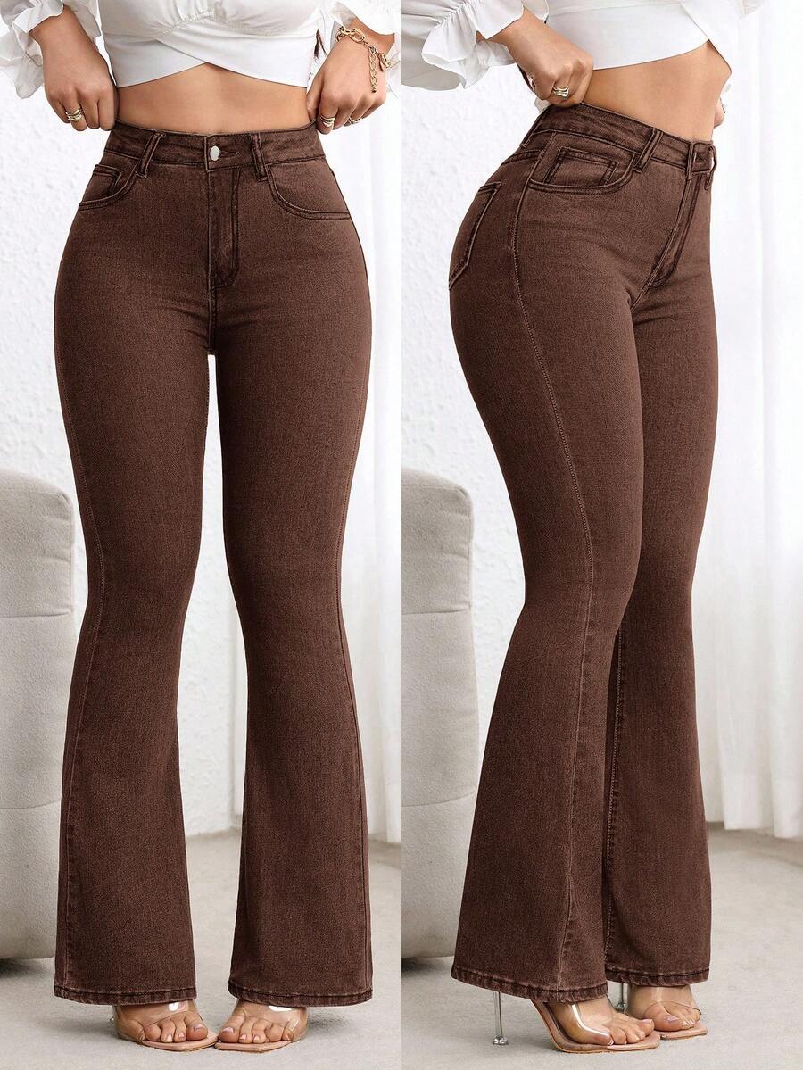 Flexra 女式高腰口袋休闲百搭喇叭裤 - 杏色 - 查看 1