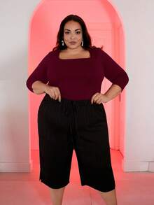 Pretty and Ole 加大码秋季方领褶皱针织紧身长袖 T 恤，优雅百搭通勤上衣 - 酒紅色 - 查看 6