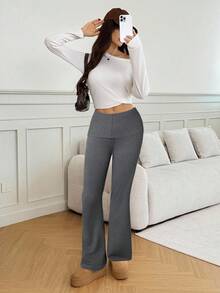 SHEIN Tall 女士弹力腰带休闲喇叭针织裤，秋冬季百搭单品 - 灰色 - 查看 7