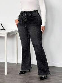 Truni Sometimesglam 大码女式喇叭牛仔裤，腰带设计，黑色弹力牛仔裤，适合梨形三角身材 - 黑色 - 查看 3