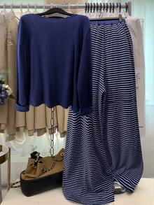 GlowEve CURVE Áo khoác cardigan dệt kim màu trơn cỡ lớn, cài nút phía trước, dây rút trang trí kẻ sọc, kiểu dáng thanh lịch, thích hợp mặc đi làm hàng ngày. - Màu xanh hải quân - Xem 2
