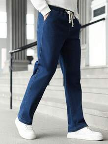 Manfinity Homme Men's Drawstring Waist Pockets Straight Loose Casual Versatile Jeans - Blue - View 3