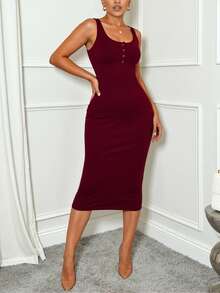 VaVaBold 半扣罗纹针织修身连衣裙 酒红色长款女装 - 酒紅色 - 查看 8