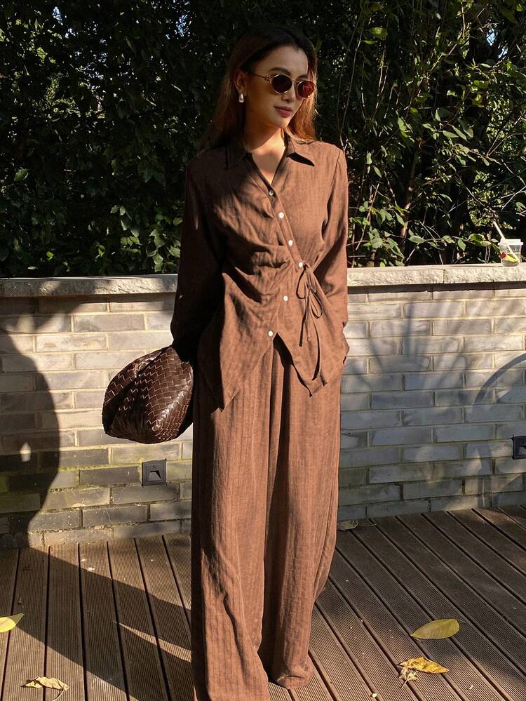 Women's Casual Tie-Up Wrap Shirt And Pants 2 Pieces Set, Autumn