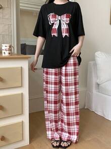 SHEIN Girls Red Plaid Bow Print Polyester Short Sleeve Pajama Pant Set Sweet And Cute Loungewear - Red - View 6