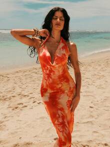 SHEIN Swim Vcay Vestido de playa de verano para mujer con estampado floral, escote halter y espalda descubierta - Multicolor - Ver 3