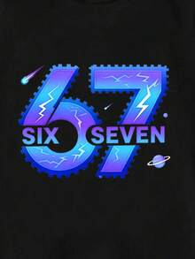 四季皆宜的青少年男童休闲时尚创意个性清新高端简约彩色数码印花67闪电图案字母标语印花宽松百搭短袖T恤，舒适温暖的夏秋款式，适合青少年男童日常休闲穿搭。 - 黑色 - 查看 7