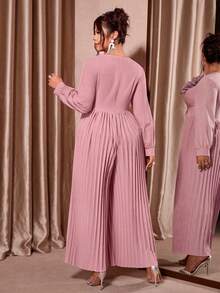 Elenzga Bộ đồ liền thân xếp ly rộng rãi thanh lịch cổ chữ V eo thon họa tiết hoa ba chiều dành cho nữ cỡ lớn - Bụi hồng - Xem 2