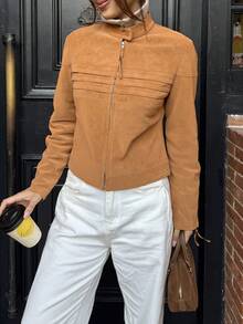 SHEIN Unity Women's Lemon Yellow Casual PU Leather Motorcycle Jacket - Mocha Brown - View 4