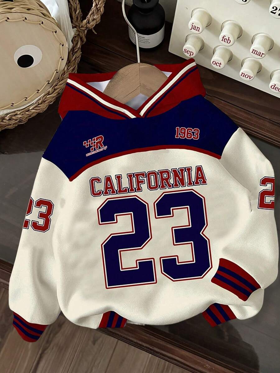 男童休闲简约时尚，保暖舒适，经典学院风，23号图案，美式复古，宽松舒适日常针织长袖卫衣，适合秋冬季穿着 - 彩色 - 查看 1