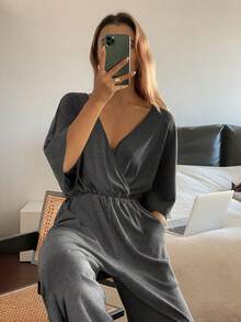 DAZY Women's Minimalist Waist Cinched Knit Jumpsuit Pajamas - Grey - View 5