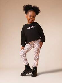 SUMWON Girls Wild Child Hoodie And Leopard Print Leggings Co-Ord Set Long Sleeve Sweatshirt With Text Print Casual Outfit Vacation - Black - View 5