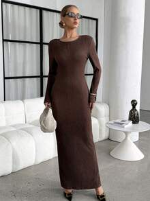 SHEIN Lavishia Women's Elegant Commuter Solid Color Twist Bodycon Dress - Brown - View 4