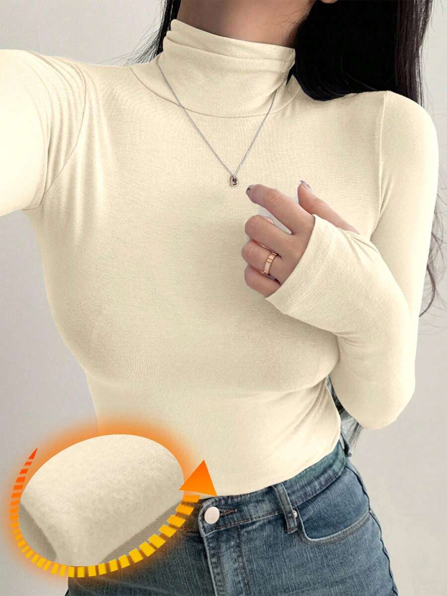 DAZY Women's Turtleneck Long Sleeve Base Layer T-Shirt, Black, Spring/Summer/Autumn - Beige - View 1