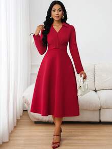 SHEIN Lady Elegant Commuter Solid Color Waist Cinched Burgundy Dress - Burgundy - View 8