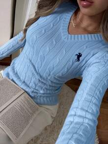 SHEIN EZwear كنزة صوفية نسائية بياقة على شكل حرف V وأكمام طويلة بتصميم بسيط، للارتداء اليومي العادي، ملابس علوية بأكمام طويلة، مناسبة للارتداء في المدرسة في فصلي الخريف والشتاء - الأزرق - مشاهدة 6