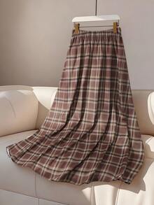SHEIN Franclia 女士休闲时尚弹力腰格子A字裙，宽松百搭，秋冬款 - 棕色 - 查看 1