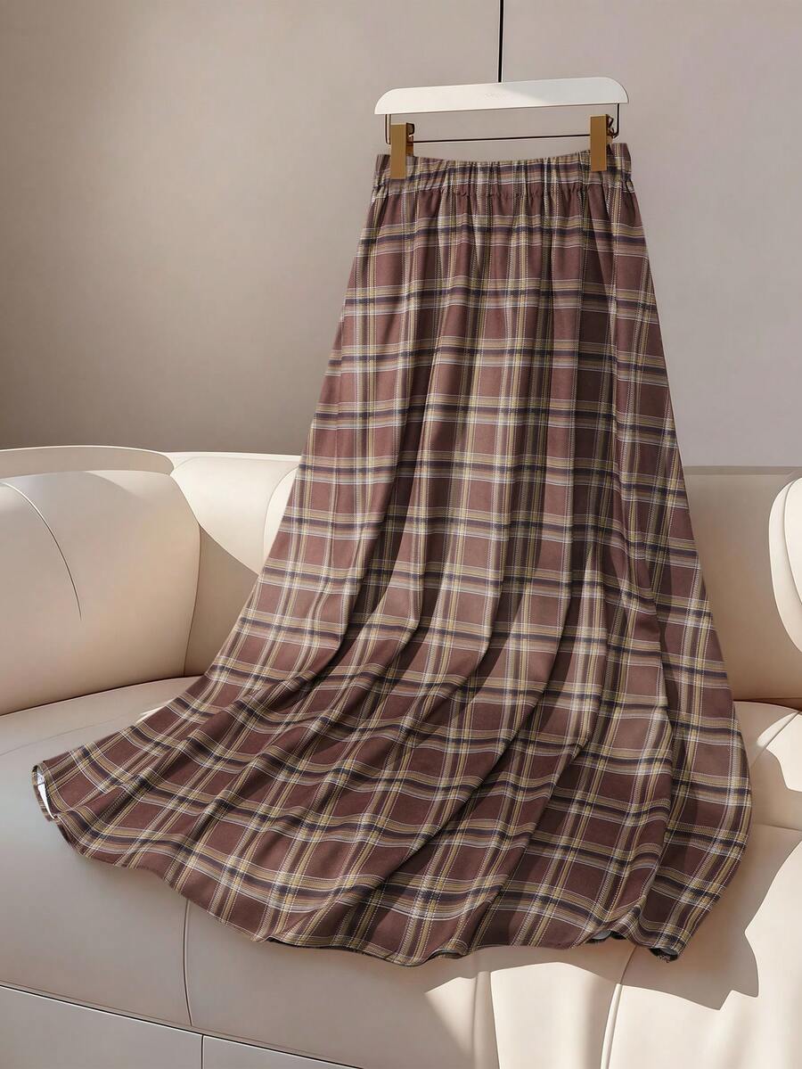 SHEIN Franclia 女士休闲时尚弹力腰格子A字裙，宽松百搭，秋冬款 - 棕色 - 查看 1