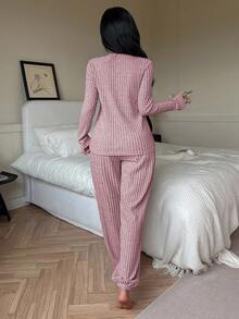 SHEIN Women's Casual Ribbed Brushed V-Neck Button Down Long Sleeve Long Loungewear Set - Pink - View 2