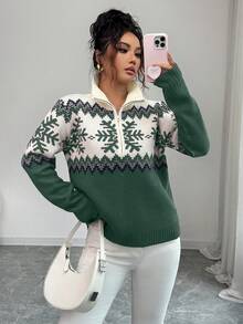 SHEIN Elenzya 优雅女士费尔岛图案拼色拉链毛衣，圣诞节设计，秋冬 - 綠色 - 查看 3