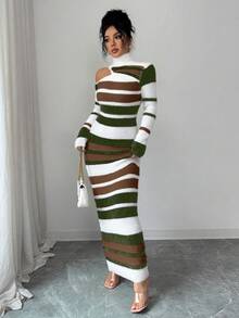 SHEIN Elenzya Váy len dệt kim ôm eo cổ lọ sọc nhiều màu thanh lịch, giản dị dành cho nữ, thích hợp để đi làm, mùa thu/đông - màu nâu - Xem 4