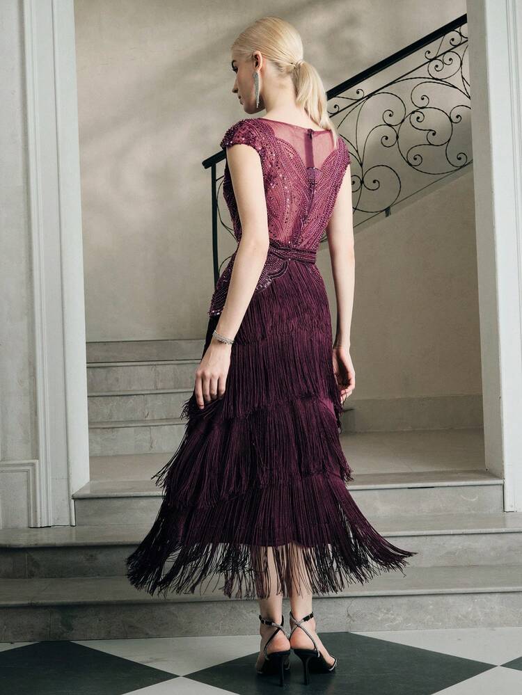 Women's Popular Bohemian Style High-End Banquet Patchwork Tassel Beaded Dress