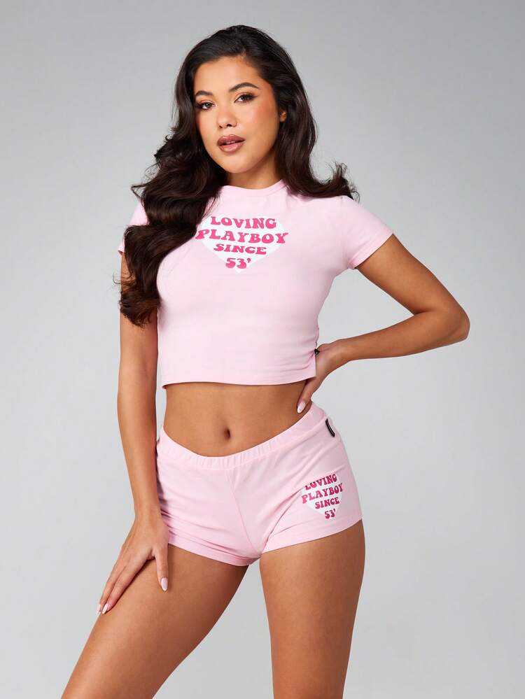 Missguided x Playboy Retro Heart Graphic Raglan Baby Tee And Booty Shorts Co Ord Set Two Piece Outfit Vintage Style Cropped Top Short Sleeve Summer Loungewear