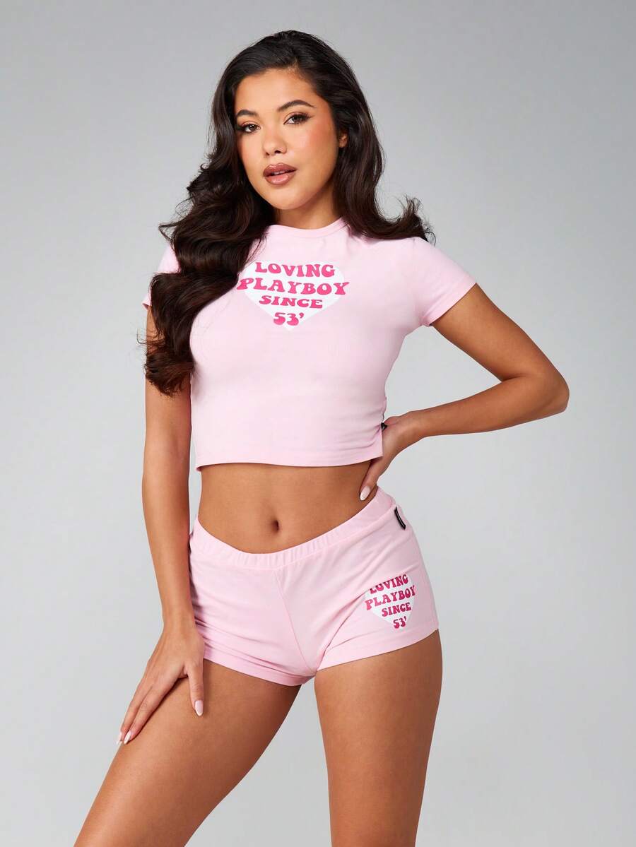 Missguided x Playboy 复古爱心图案插肩袖婴儿T恤和短裤套装两件套复古风露脐短袖上衣夏季家居服 - 粉色 - 查看 1