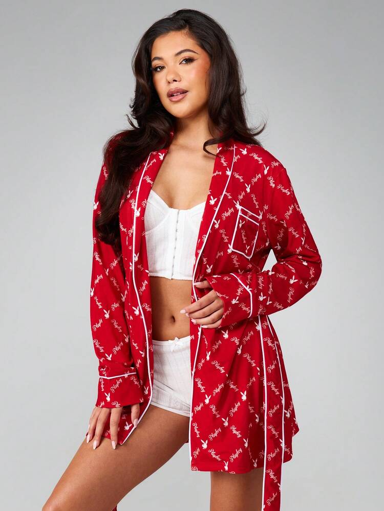 Missguided x Playboy Logo Print Satin Dressing Gown Robe With Tie Belt Long Sleeve Bathrobe Loungewear Sleepwear