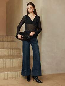 Arave Sexy Black 3D Floral Square Neck Sheer Blouse For Women New Year - Black - View 5