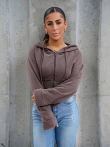 SAYEHFBABY 灯笼袖撞色滚边收腰连帽运动衫休闲装、机场装、家居服、返校装、秋季圣诞休闲装冬季 - 棕色 - 查看 6