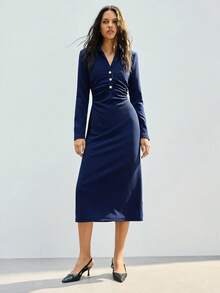 Maija Women's Solid Color Long Sleeve Button Half Placket Pleated Casual Mid-Length Dress - Navy Blue - View 2