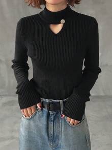 FRIFUL Women's Casual Solid Color Hollow Out Stand Collar Sweater, Autumn/Winter - Black - View 2