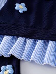 SHEIN Playful Pals 2pcs Young Girls Cute Blue Floral Decor Comfortable Fashion Striped Splice Long Sleeve 2 In 1 Top Paired With Blue Casual Flare Pants Set