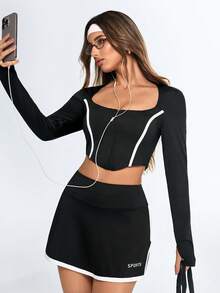 Eassivo Eassivo T-shirt de sport ajusté à manches longues et zip avant pour femmes - Noir - Voir 2