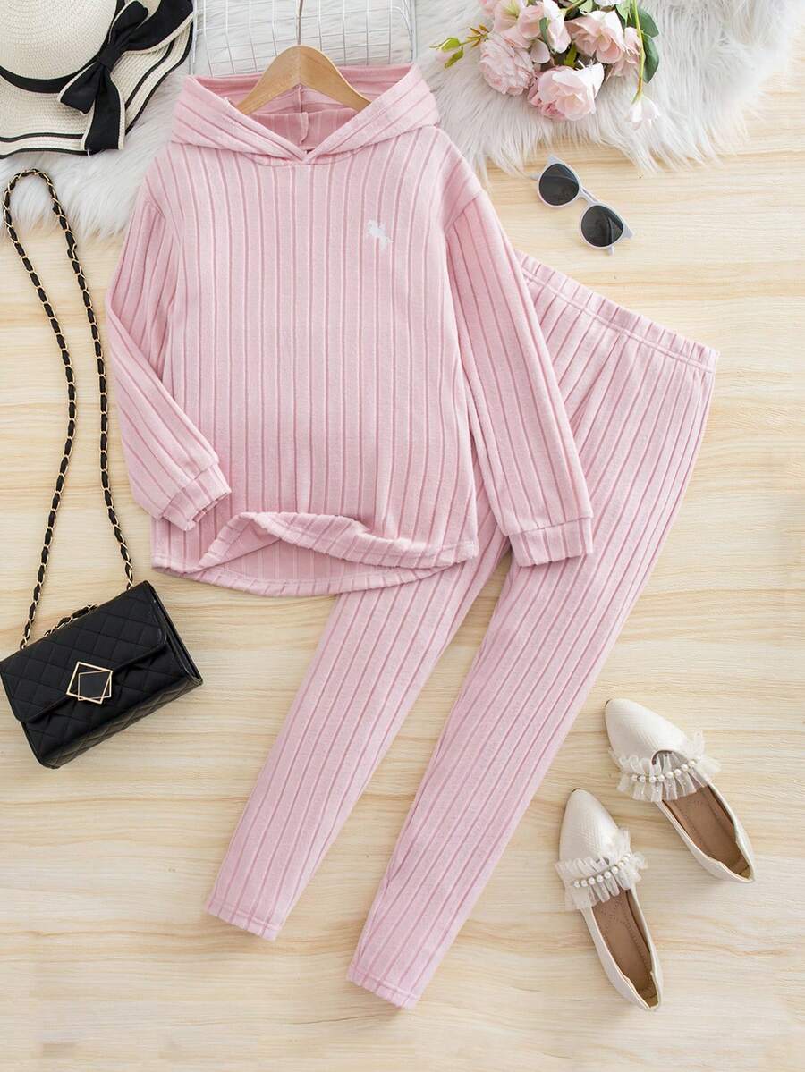 SHEIN Explorewe 2pcs/Set Tween GirlsRibbed Hoodie Top With Asymmetrical Hem And Leggings - Pink - View 1